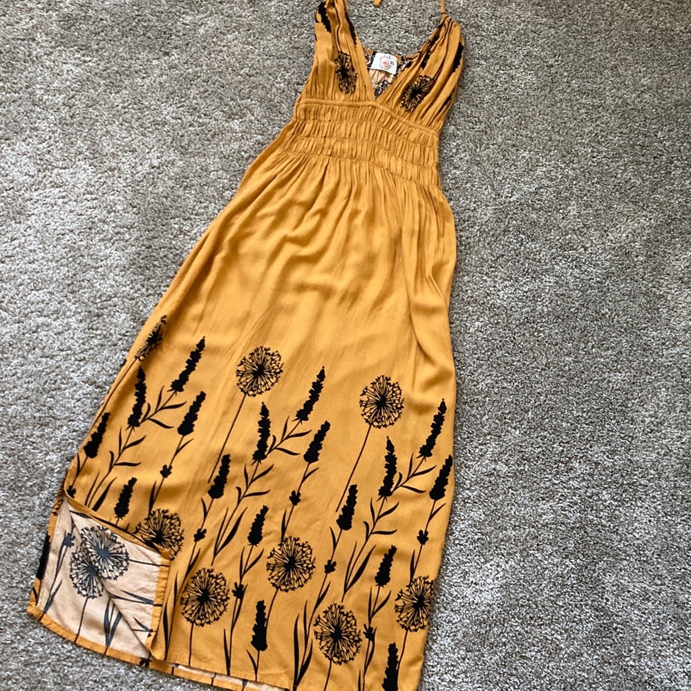 Mustard Floral Smocked Maxi Dress with V-Neck
